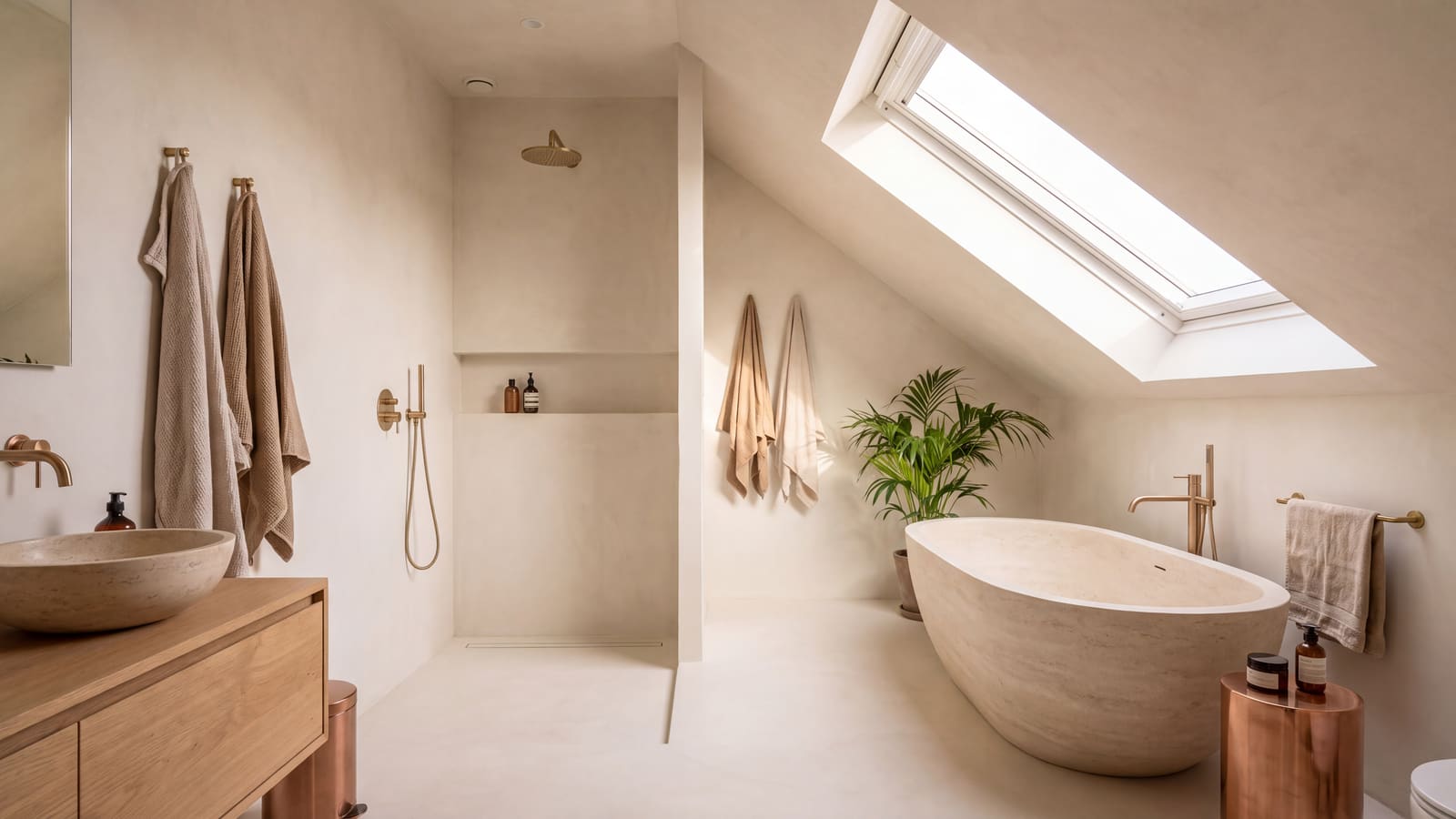 Badkamer onder het dak met dakraam, kalkstuc, vrijstaand stenen bad en messing kranen
