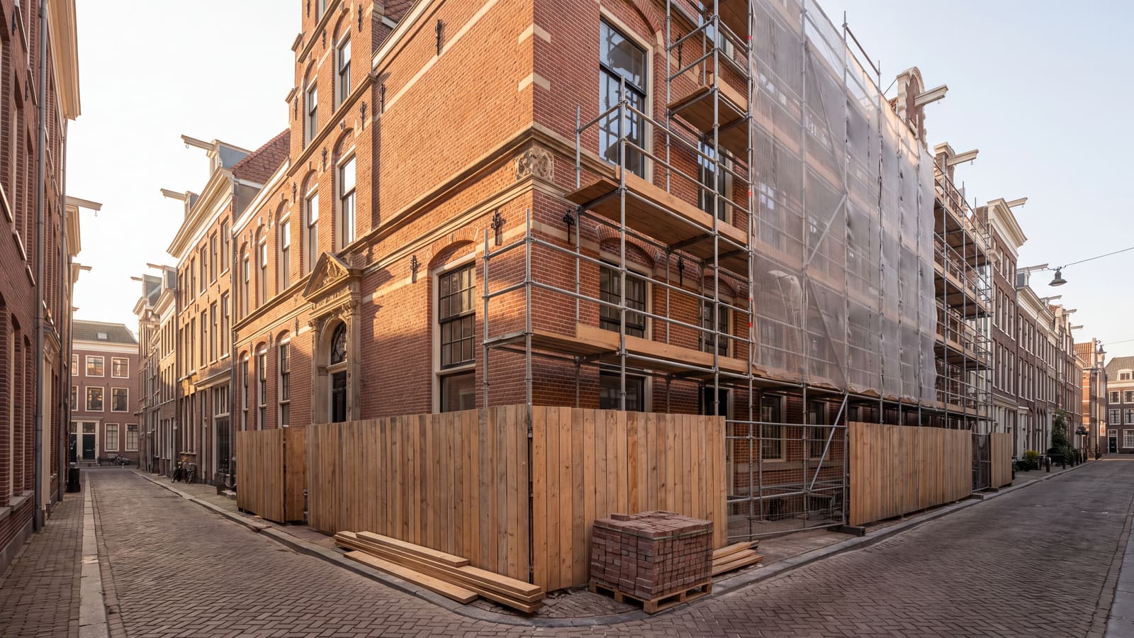 Steiger tegen een bakstenen gevel in een smalle Amsterdamse straat